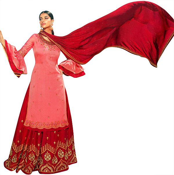 Scarlet-Red Zari-Embroidered Sharara Pants and Strawberry-Pink Kameez Embellished with Crystals and Net Duppatta