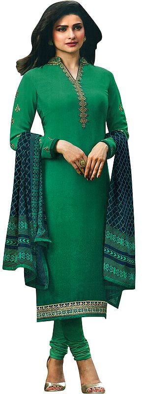 Pepper-Green Prachi Churidar Salwar Kameez Suit with Floral Zari-Embroidery