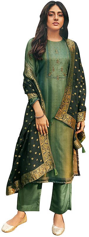 Moon-Gray Palazzo Salwar- Kameez Suit with Zari-Embroidery and Black Woven Dupatta