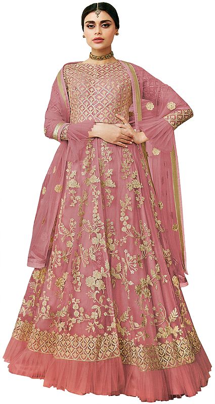 Blush-Pink Zari Embroidered Lehenga with Sequins and Beads on Embroidered Dupatta