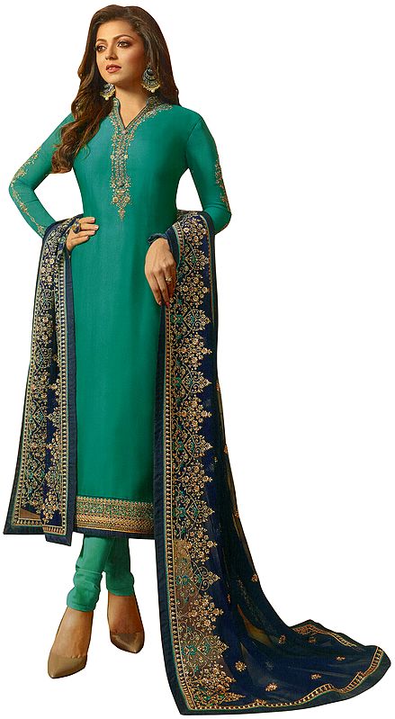 Ocean Floor-Green Choodidaar Salwar-Kameez Suit with Floral Zari-Embroidery and Green Chiffon Dupatta