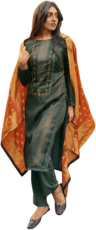 Dark-Shadow Palazo Salwar- Kameez Suit with Zari-Embroidery and Orange Woven Dupatta