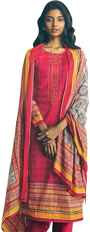 Virtual-Pink Long Trouser and Kameez Suit with Multicolored Embroidery and Digital Printed Dupatta
