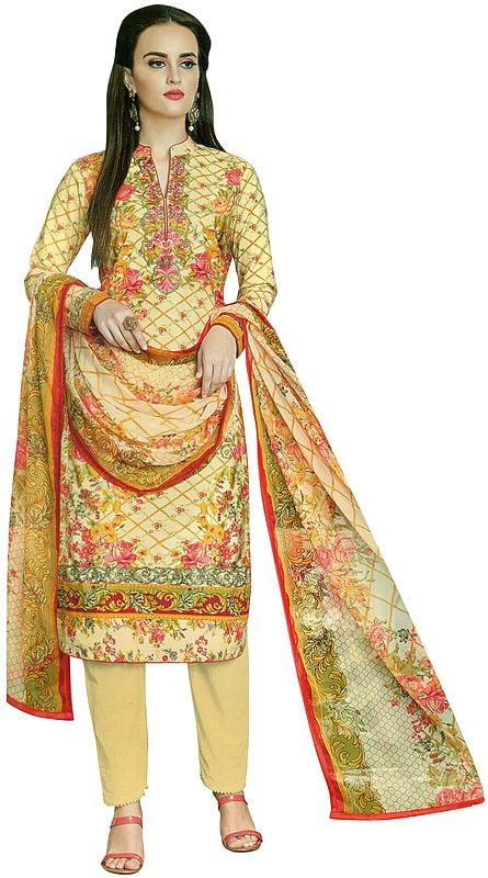 Cornhusk-Yellow Embroidered and Printed Kameez Suit with  Long Trouser and Floral Printed Dupatta