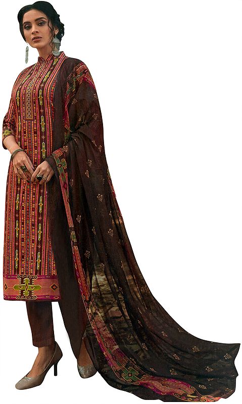 Brown-Stone All Over Printed Kameez with Long Trousers and Printed Dupatta