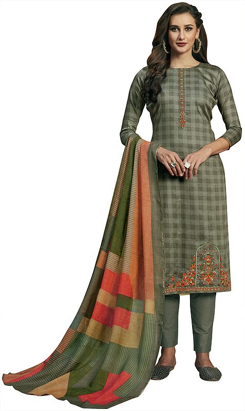 Vintage-Khaki Long Trouser Salwar-Kameez Suit with Embroidery and Multicolor Printed Dupatta