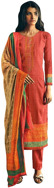 Spiced-Coral Long Trouser and Kameez Suit with Multicolored Embroidery and Digital Printed Dupatta