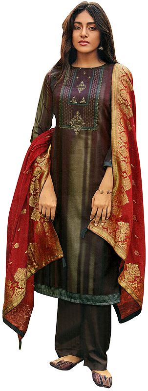 Mauve-Wine Palazo Salwar- Kameez Suit with Zari-Embroidery and Gray Woven Dupatta