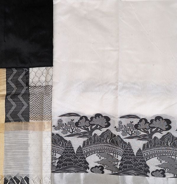 White and Black Salwar Kameez Fabric with Landscape Scene on Border