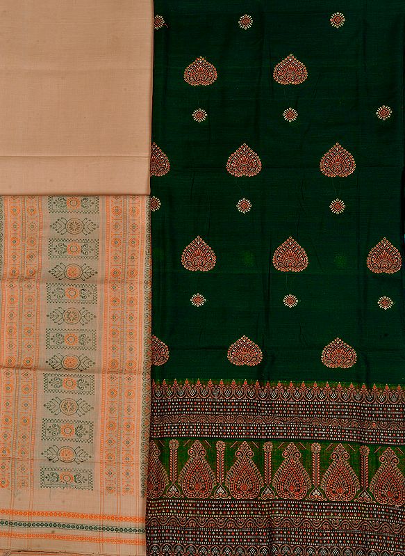 Green and Beige Salwar Kameez Bomkai Fabric from Orissa with Woven Motifs
