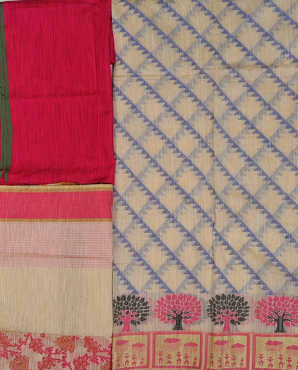 Off-White Salwar Kameez Banarasi Fabric with Woven Trees on Border