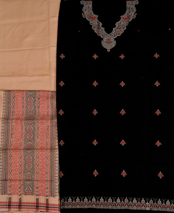 Black and Beige Salwar Kameez Fabric from Orissa with Bomkai Weave
