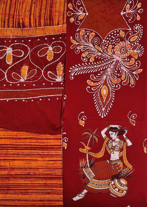 Maroon and Apricot Batik Salwar Kameez Fabric with Printed Village Belle
