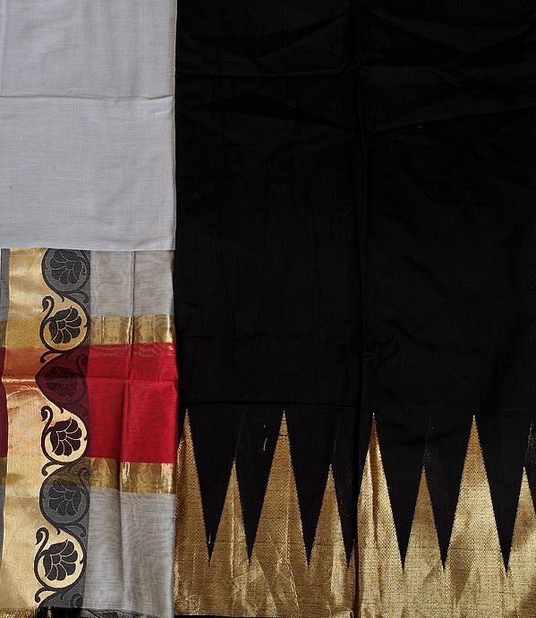 Black and Silver Salwar Kameez Fabric from Banaras with Zari-Woven Temple Border