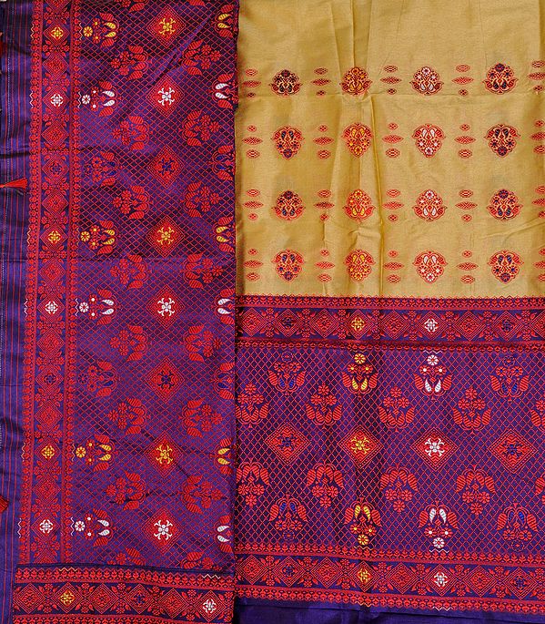 Italian-Straw and Purple Suit Fabric with Dupatta from Assam with Woven Motifs