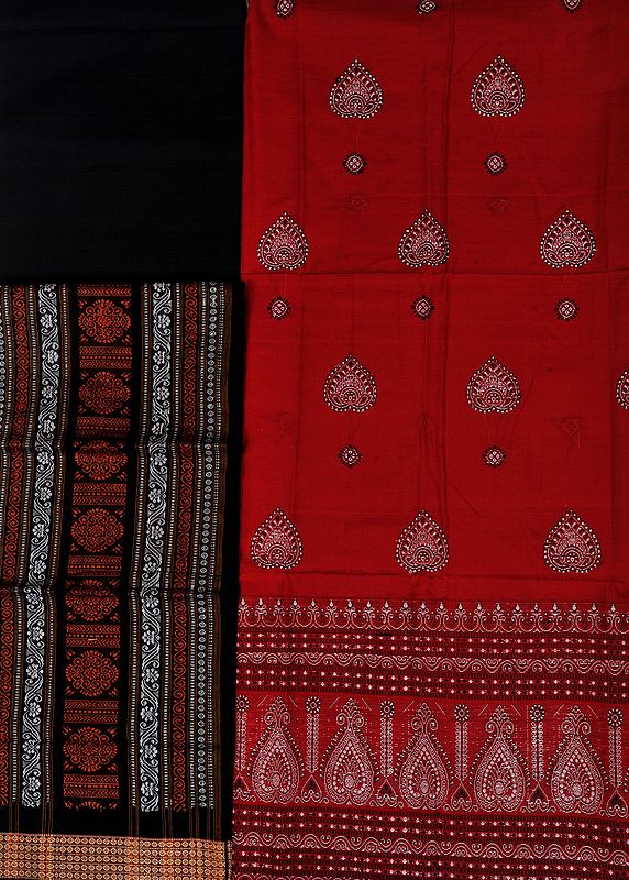 Red and Black Bomkai Salwar Kameez Fabric from Orissa with Woven Bootis