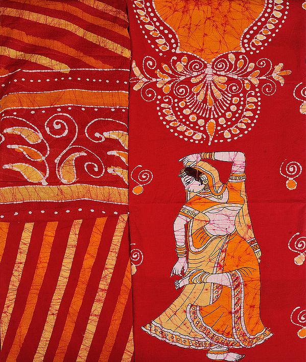 Ribbon-Red Batik Salwar Kameez Fabric with Printed Dancing Lady