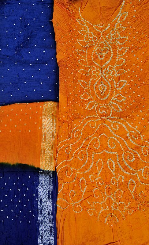 Marigold and Blue Bandhani Tie-Dye Salwar Kameez Fabric from Gujarat