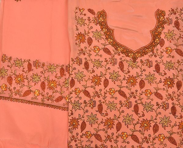 Peach-Pink Kashmiri Salwar Kameez Fabric with Floral Needle-Embroidery by Hand