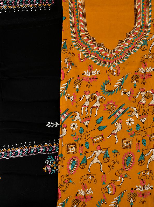 Nugget and Black Salwar Kameez Fabric from Kolkata with Kantha Hand-Embroidered Folk Motifs