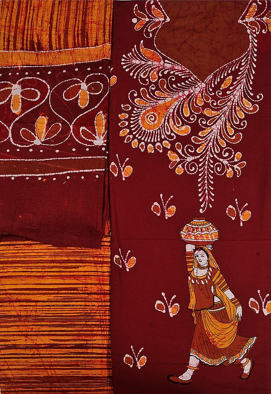 Maroon and Nugget Printed Batik Salwar Kameez Fabric with Floral Neck and Village Belle
