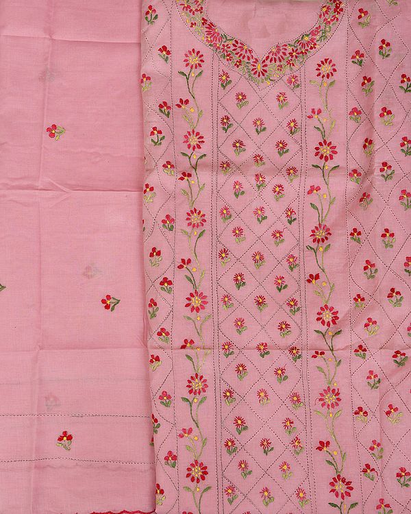 Sweet-Lilac Salwar Kameez Fabric from Kolkata with Kantha Floral Embroidery By Hand