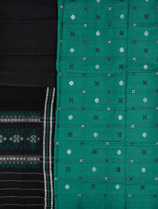 Porcelain-Green and Black Bomkai Salwar Kameez Fabric from Orissa with Woven Bootis