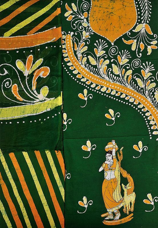 Green and Nugget Batik Salwar Kameez Fabric with Printed Village Belle