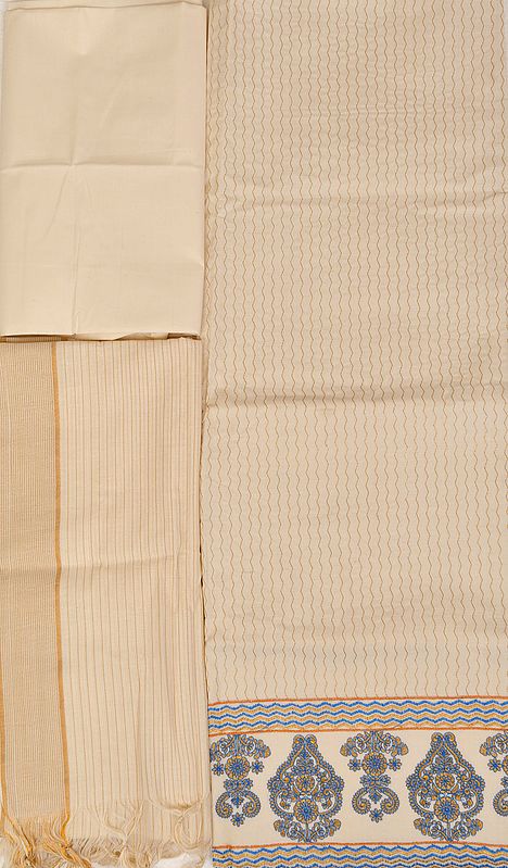 Ivory Kasavu Salwar Kameez Fabric from Kerala with Zari-Embroidery on Border and Zigzag Stripes