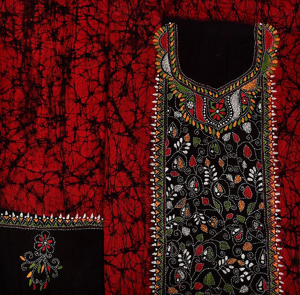 Garnet and Black Kantha Hand-Embroidered Batik Salwar Kameez Fabric from Bengal