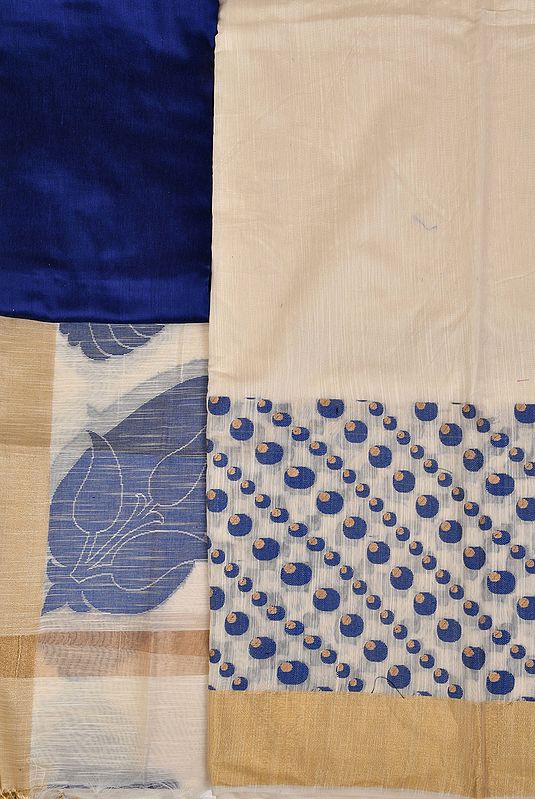 Ivory Banarasi Salwar Kameez Fabric with Woven Bootis and Golden Border