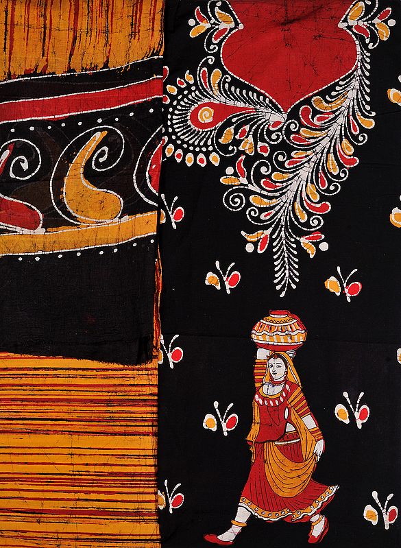 Black and Butterscotch Batik Salwar Kameez Fabric with Floral Print and Village Belle