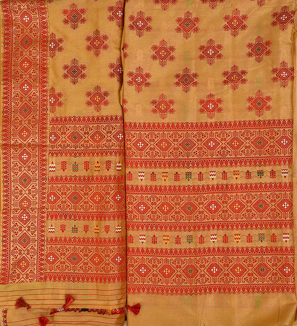 Italian-Straw and Red Suit Fabric with Dupatta from Assam with Woven Floral Motifs