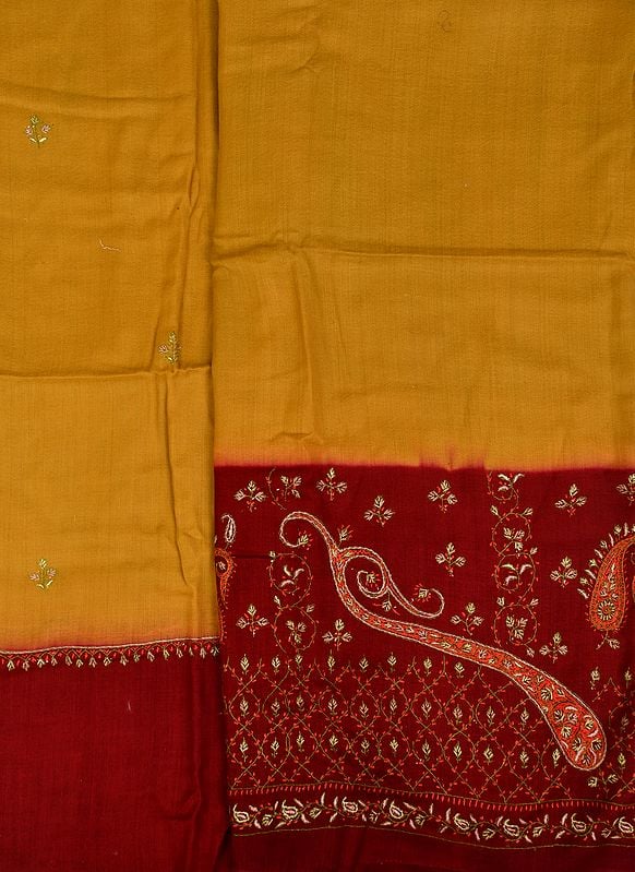 Ochre and Maroon Double-Shaded Kashmiri Tusha Salwar Kameez Fabric with Sozni Hand-Embroidery