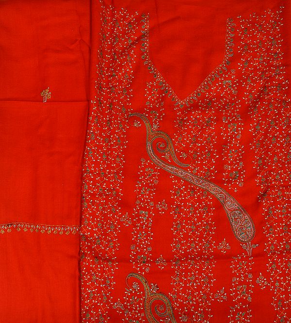 Tomato-Red Kashmiri Tusha Salwar Kameez Fabric with Sozni Hand-Embroidery and Paisleys