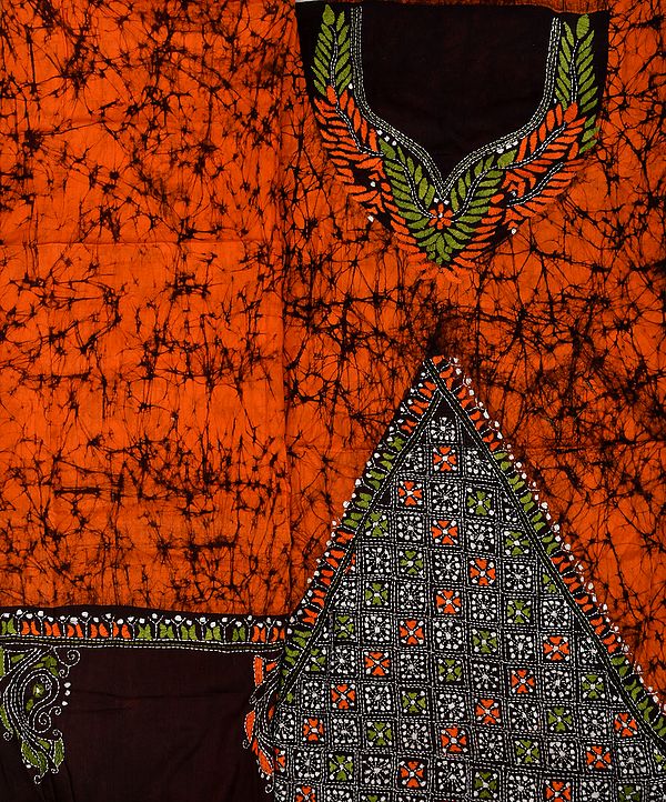 Orange and Black Batik Salwar Kameez Fabric from Bengal with Kantha Hand-Embroidery