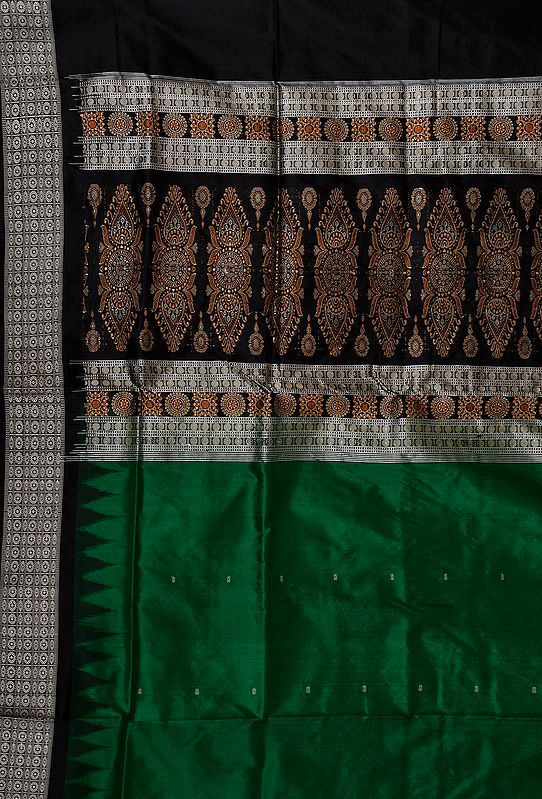 Green and Black Salwar Kameez Fabric from Sambalpur with Woven Motifs and Rudraksha Border