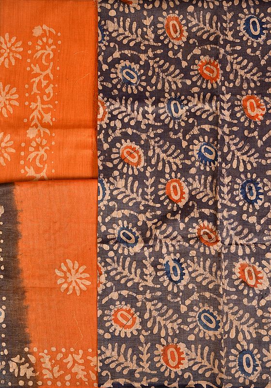 Excalibur-Gray and Orange Batik-Printed Salwar Kameez Fabric
