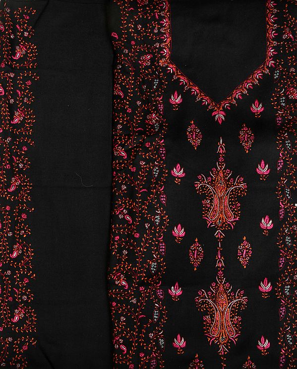 Jet-Black Kashmiri Tusha Salwar Kameez Fabric with Needle-Embroidery by Hand