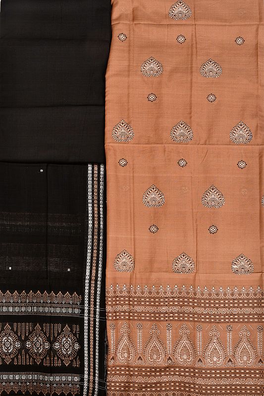 Warm-Taupe and Black Bomkai Salwar Kameez Fabric from Orissa