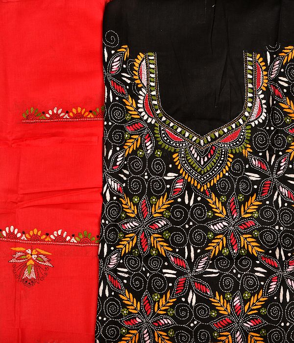 Black and Red Kantha Salwar Kameez Fabric from Kolkata with Floral-Embroidery by Hand