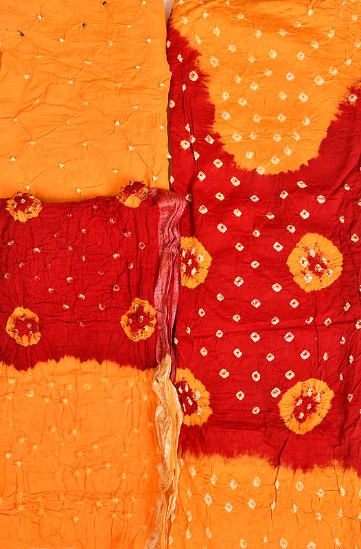 Marigold and Maroon Double-Shaded Bandhani Tie-Dye Salwar Kameez Fabric from Gujarat