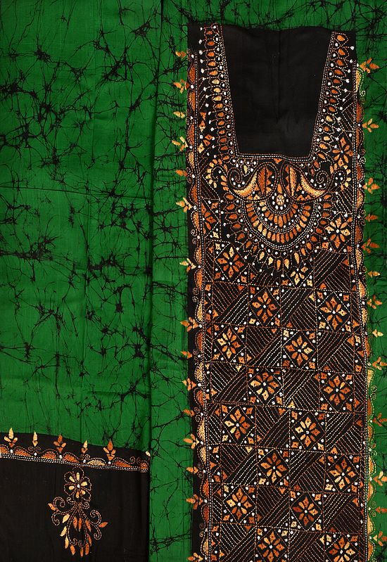 Green and Black Batik Salwar Kameez Fabric from Kolkata with Kantha Hand-Embroidery