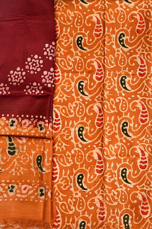 Honey-Yellow and Chocolate Batik-Dyed Salwar Kameez Fabric with Paisleys Print