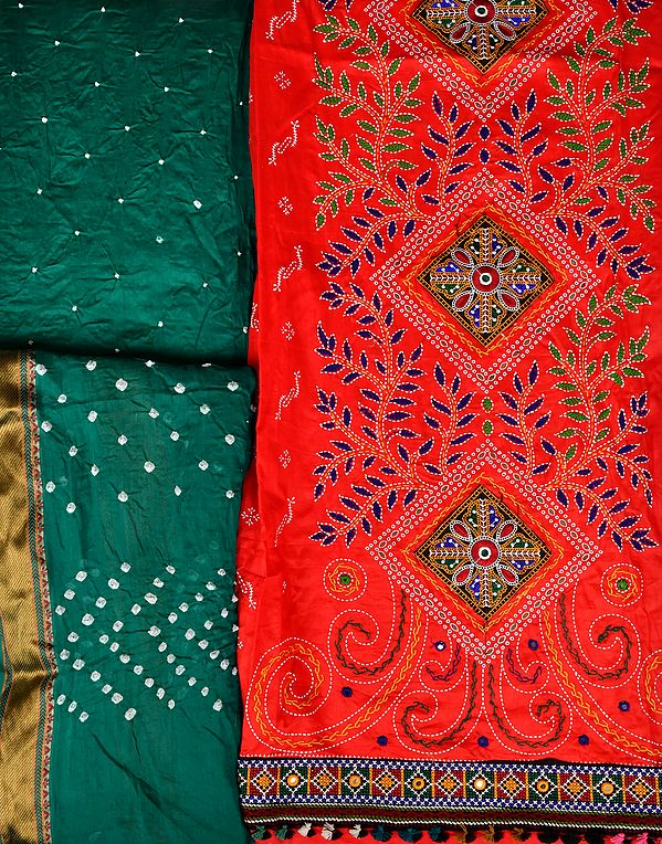Red and Green Salwar Kameez Fabric with Embroidered Leaves and Mirrors on Border
