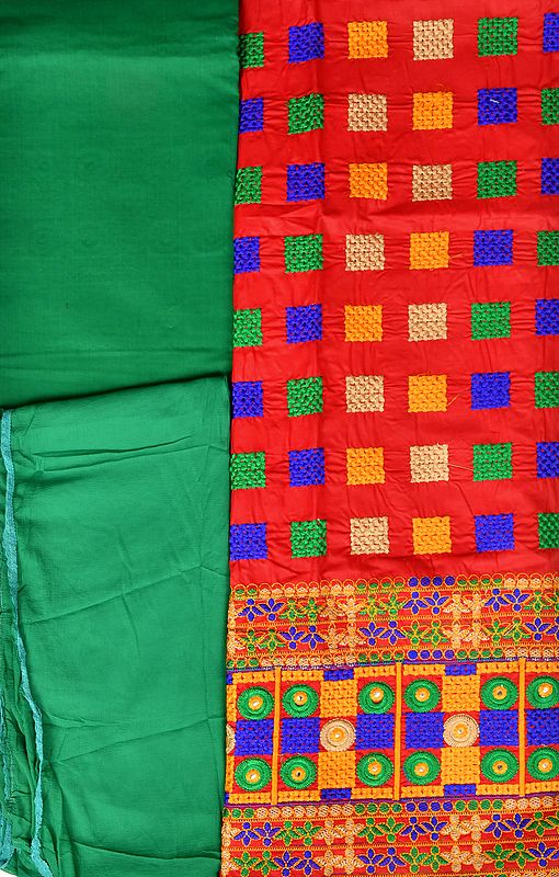 Rococco-Red and Green Salwar Kameez Fabric with Thread-Embroidery and Mirrors