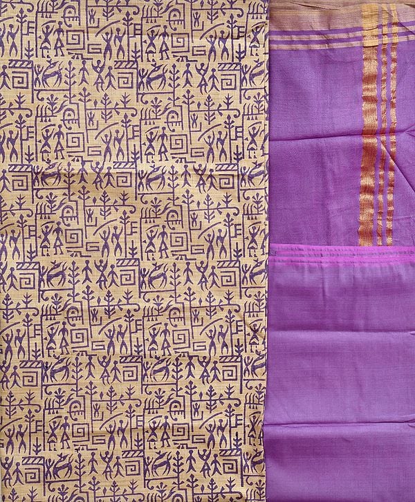 Alabaster-Gleam and Purple Salwar Kameez Fabric with Printed Warli Folk Motifs