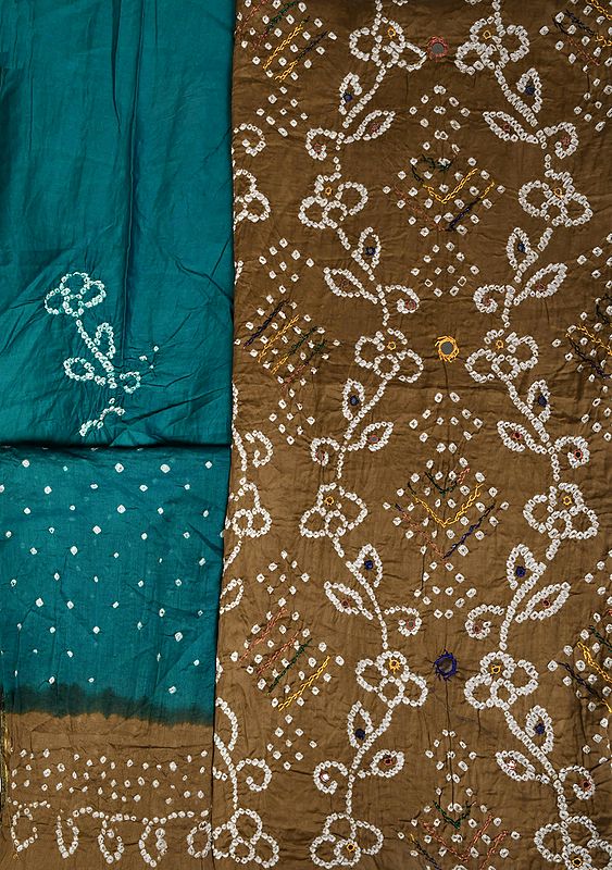 Coffee-Liqueur and Blue Bandhani Tie-Dye Salwar Kameez Fabric from Gujarat with Embroidered-Mirrors