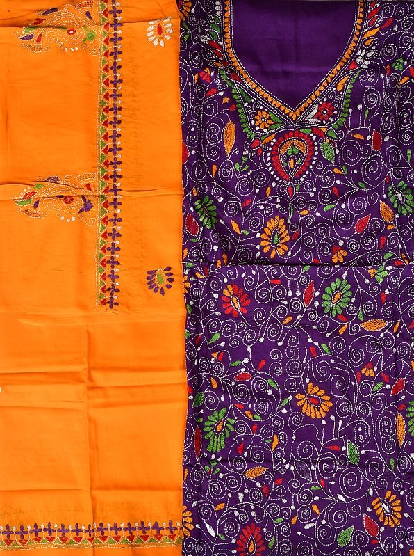 Purple and Apricot Kantha Salwar Kameez Fabric from Kolkata with Embroidery by Hand