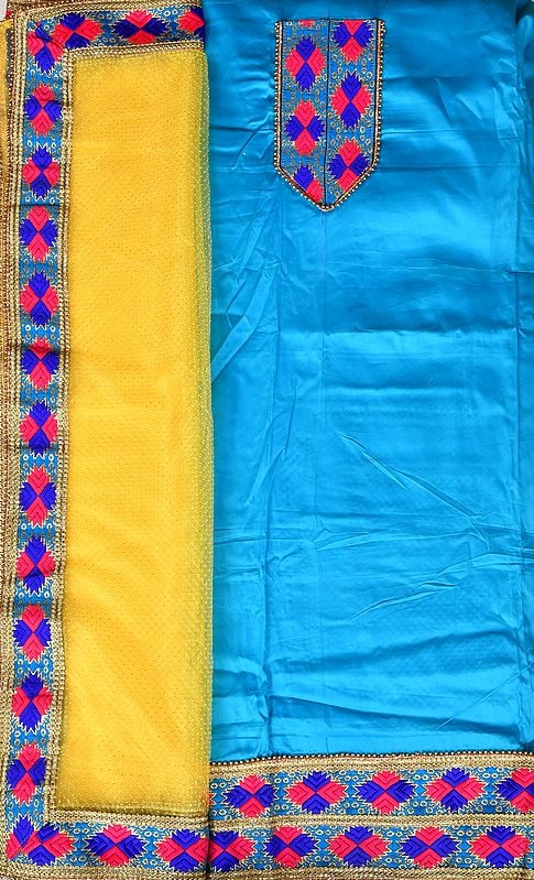 Cyan-Blue and Yellow Phulkari Salwar Kameez Fabric from Punjab with Embroidered Patches and Net Dupatta